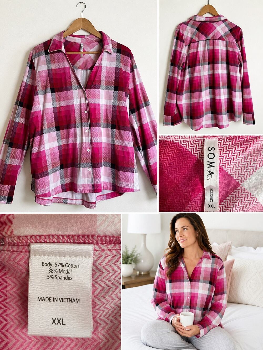 Soma Pajama Top XXL Pink Plaid Cotton Modal Button Front Long Sleeve Sleepwear